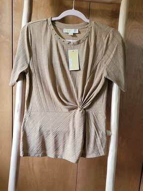 Michael Kors Tan Ribbed Short Sleeve Twist Knot Top with Studded Neck
